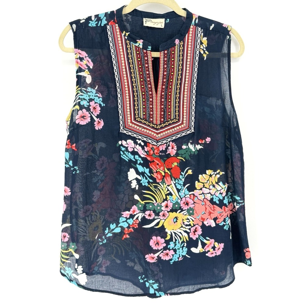 Magazine Boho Peasant Style Blouse L Floral‎ Print Embroidered Trim Split Neck